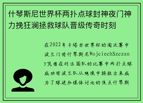 什琴斯尼世界杯两扑点球封神夜门神力挽狂澜拯救球队晋级传奇时刻